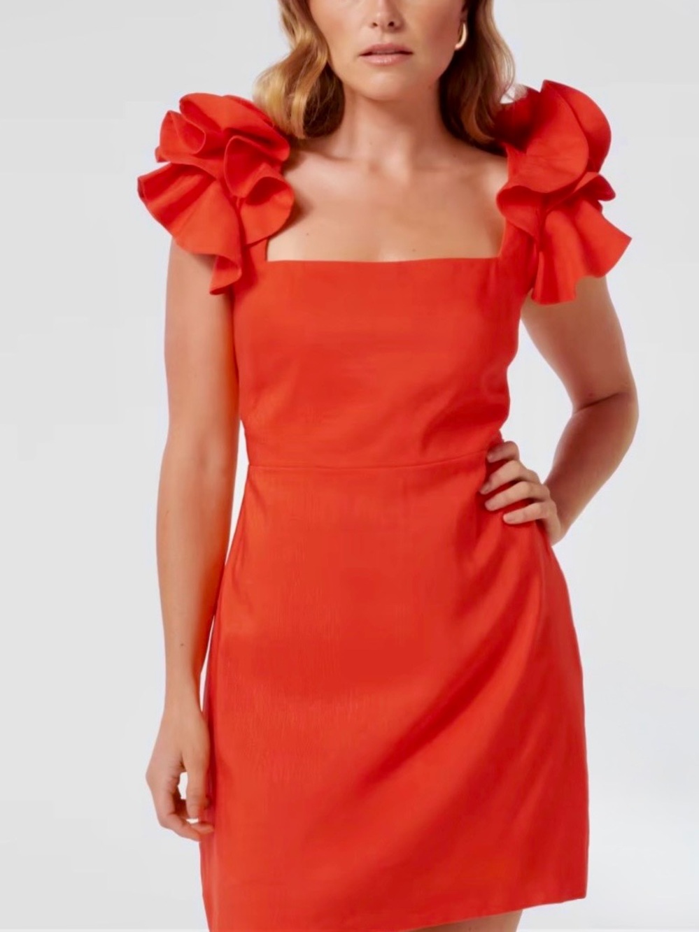 Forever New Mackenzie Red Linen Ruffle Sleeve Mini Dress 4P Lip Stain NWT Petite